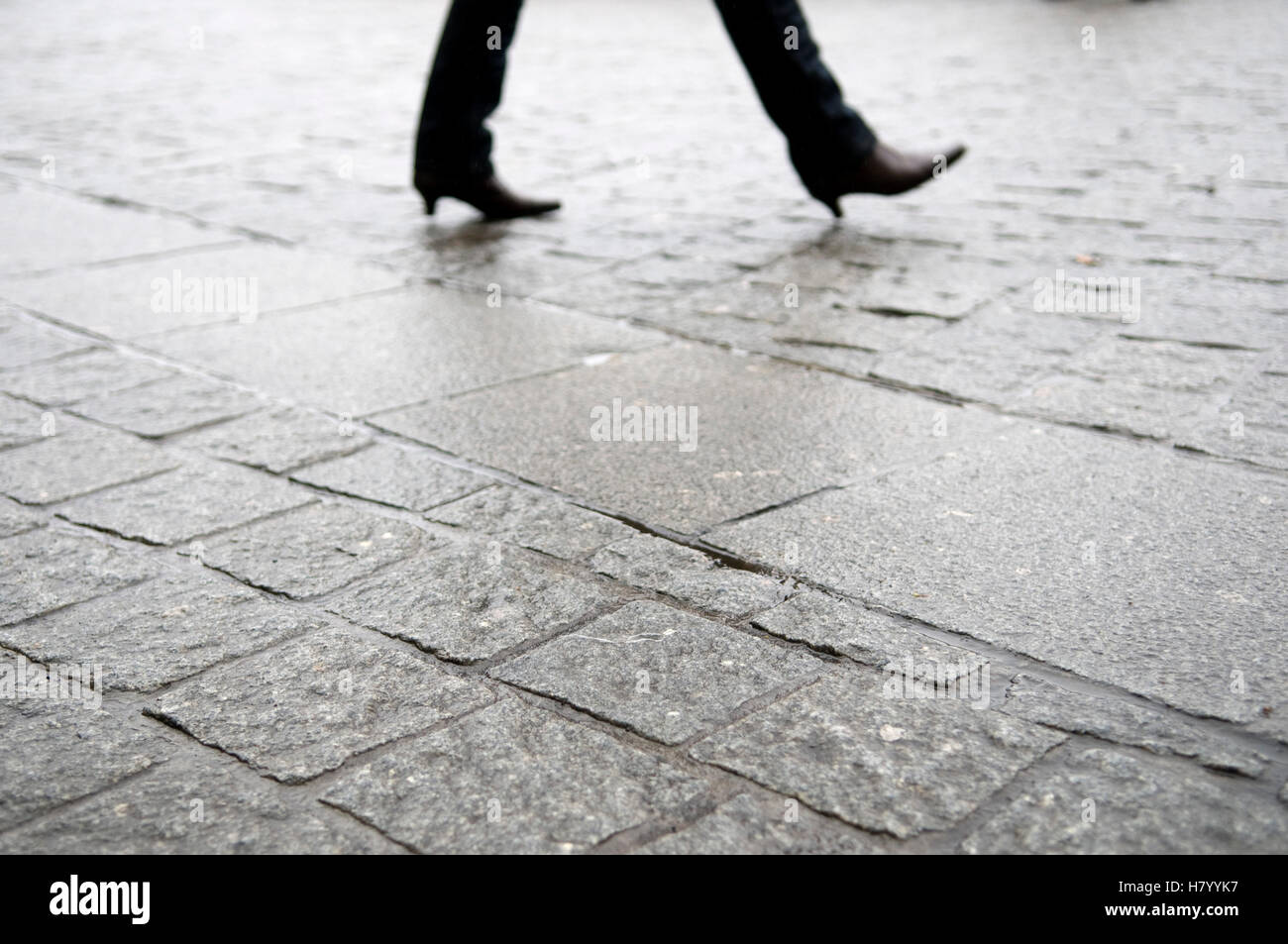 Feet with pointed shoes walking on wet pavement Stock Photo