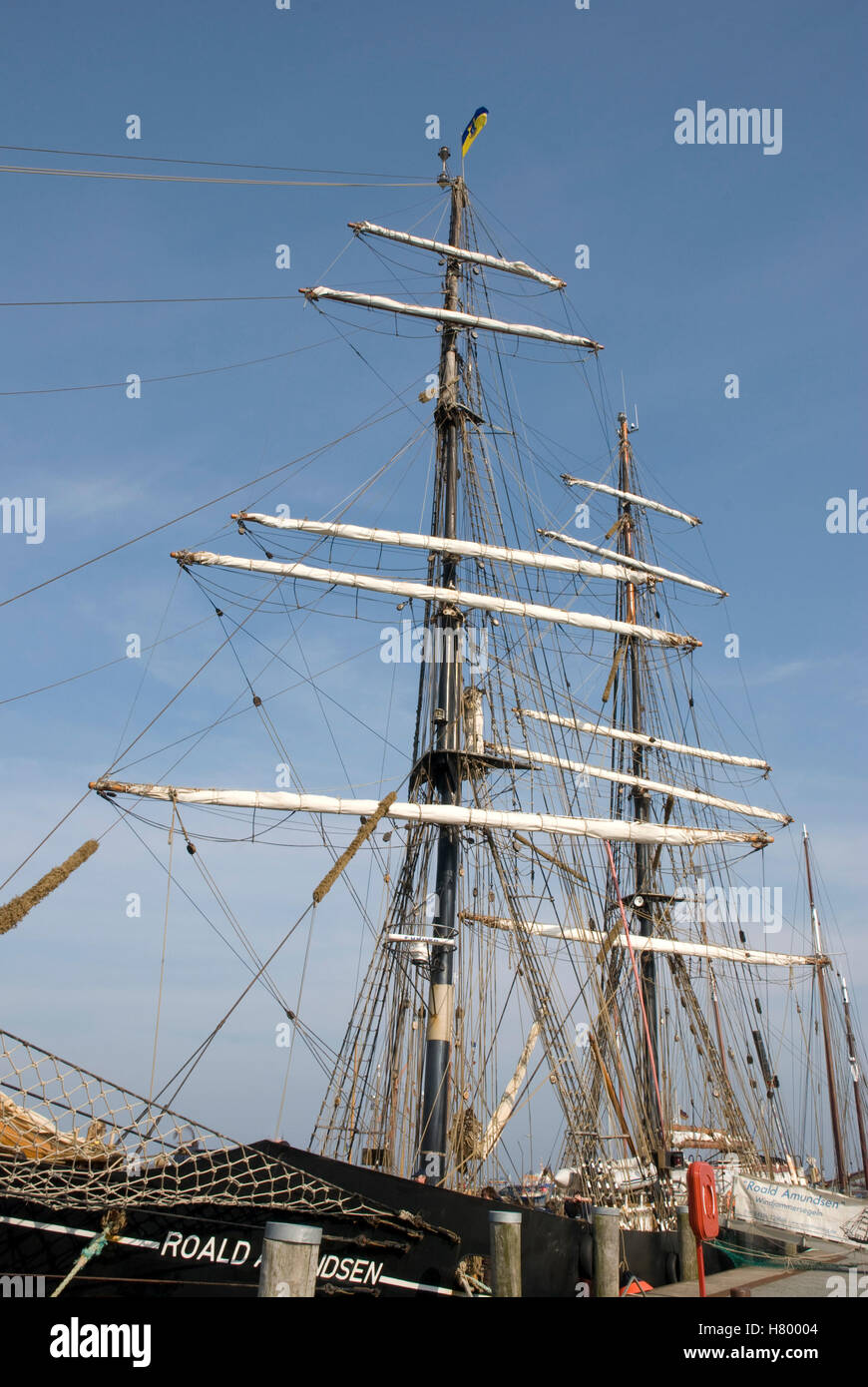 Masts of a sailing ship in the harbor, Eckernfoerde, Schleswig-Holstein Stock Photo