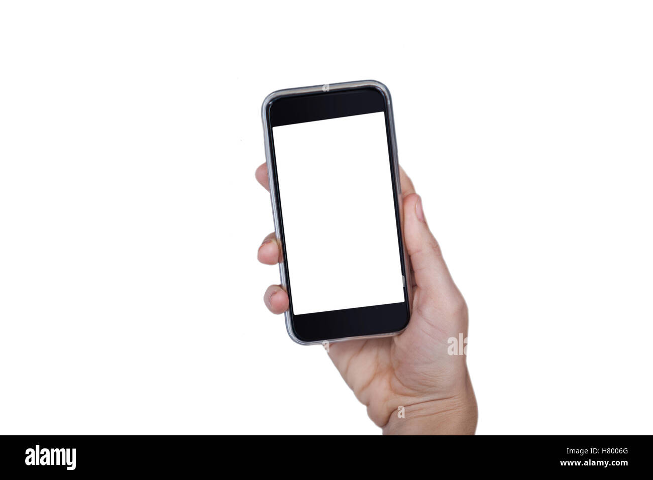 Hand holding mobile phone against white background Stock Photo - Alamy