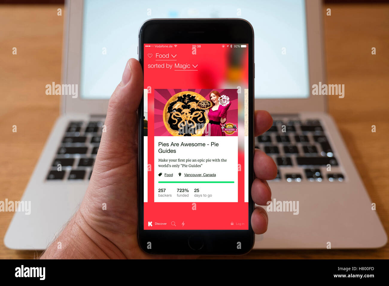 Using iPhone smartphone to display Kickstarter crowdfunding website which aims to raise funds for startup companies and projects Stock Photo