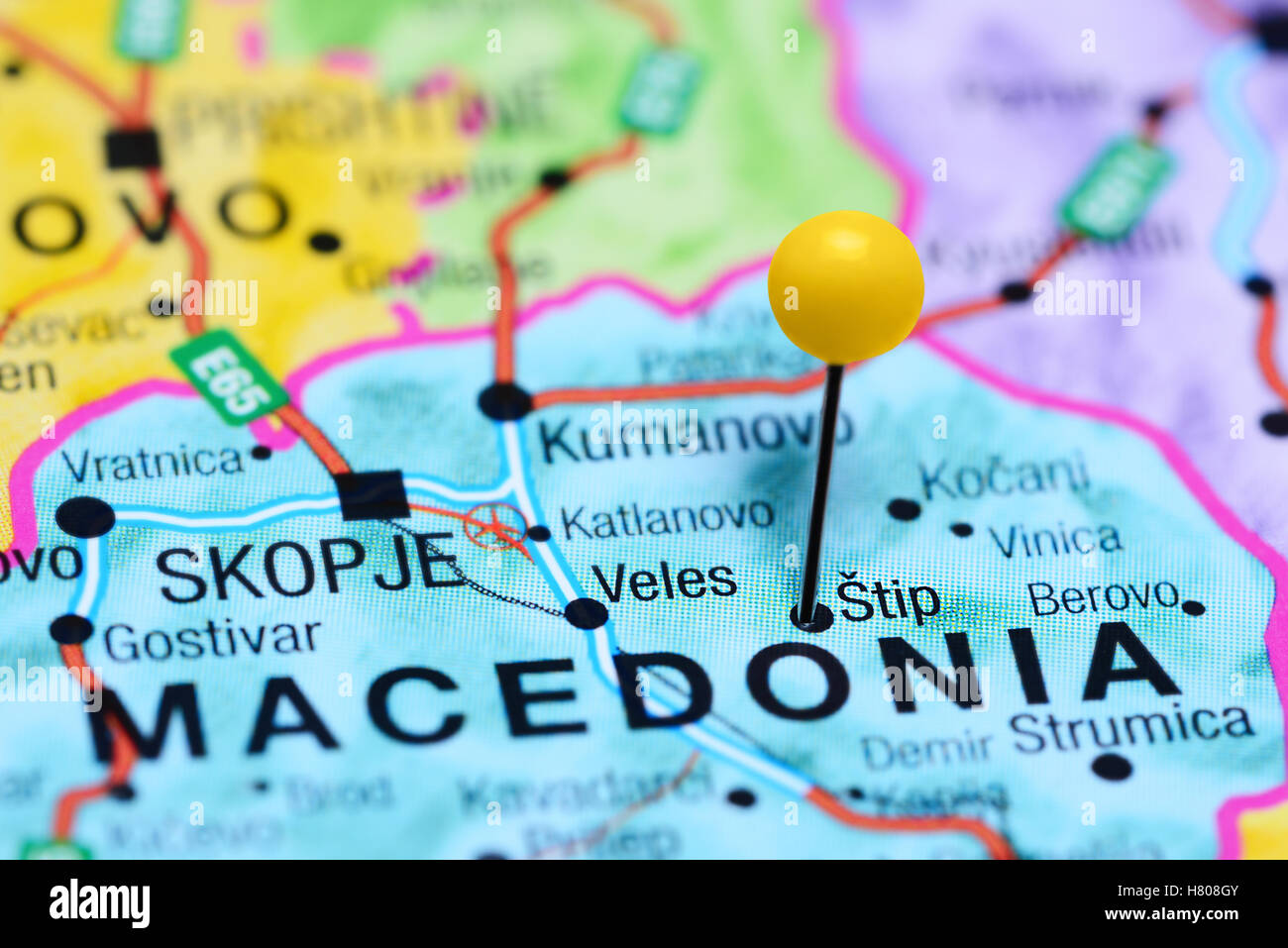 Stip pinned on a map of Macedonia Stock Photo