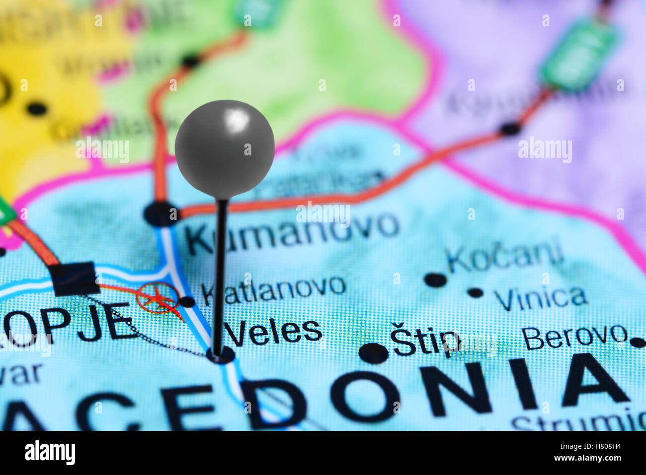 Veles pinned on a map of Macedonia Stock Photo