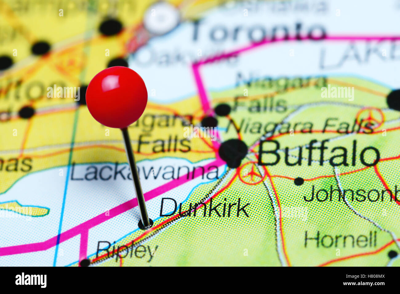 Dunkirk pinned on a map of New York state, USA Stock Photo