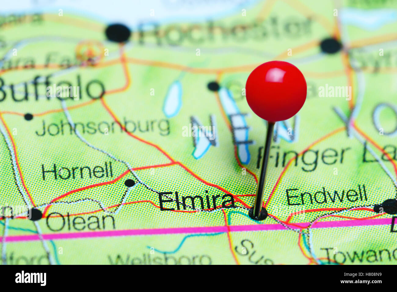 Elmira pinned on a map of New York state, USA Stock Photo