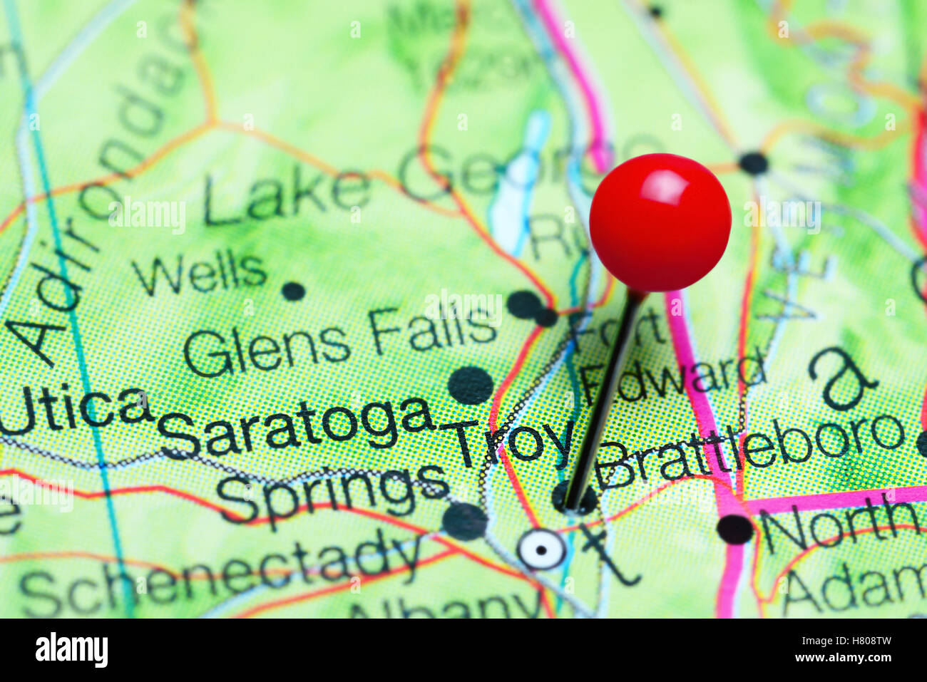 Troy pinned on a map of New York state, USA Stock Photo