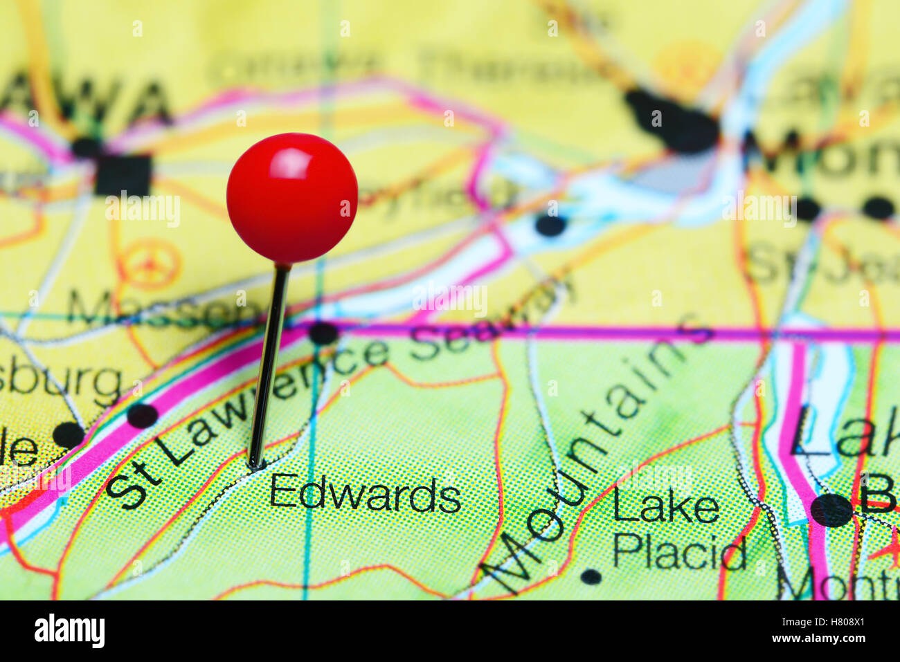Edwards pinned on a map of New York state, USA Stock Photo Alamy