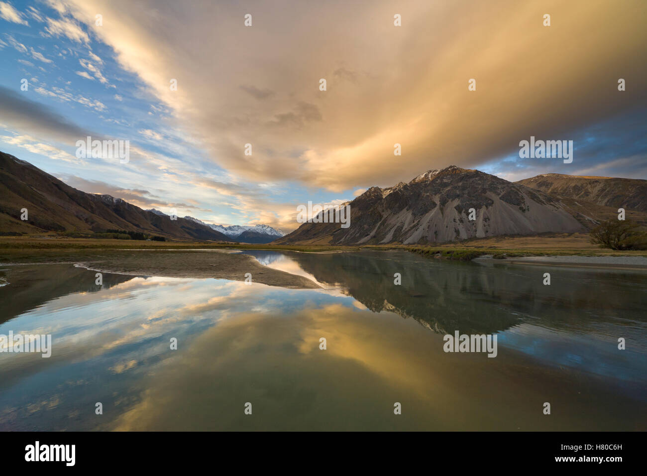 Clouds reflecting in Ahuriri River, South Island, New Zealand Stock ...