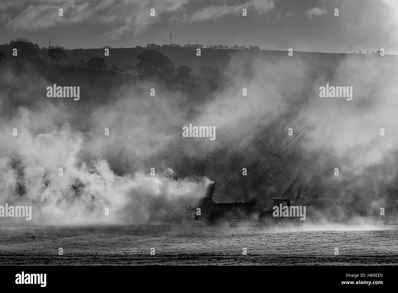Steam rises as a farmer uses his muckspreader on a frosty morning in Cynghordy, Carmarthenshire, Wales Stock Photo