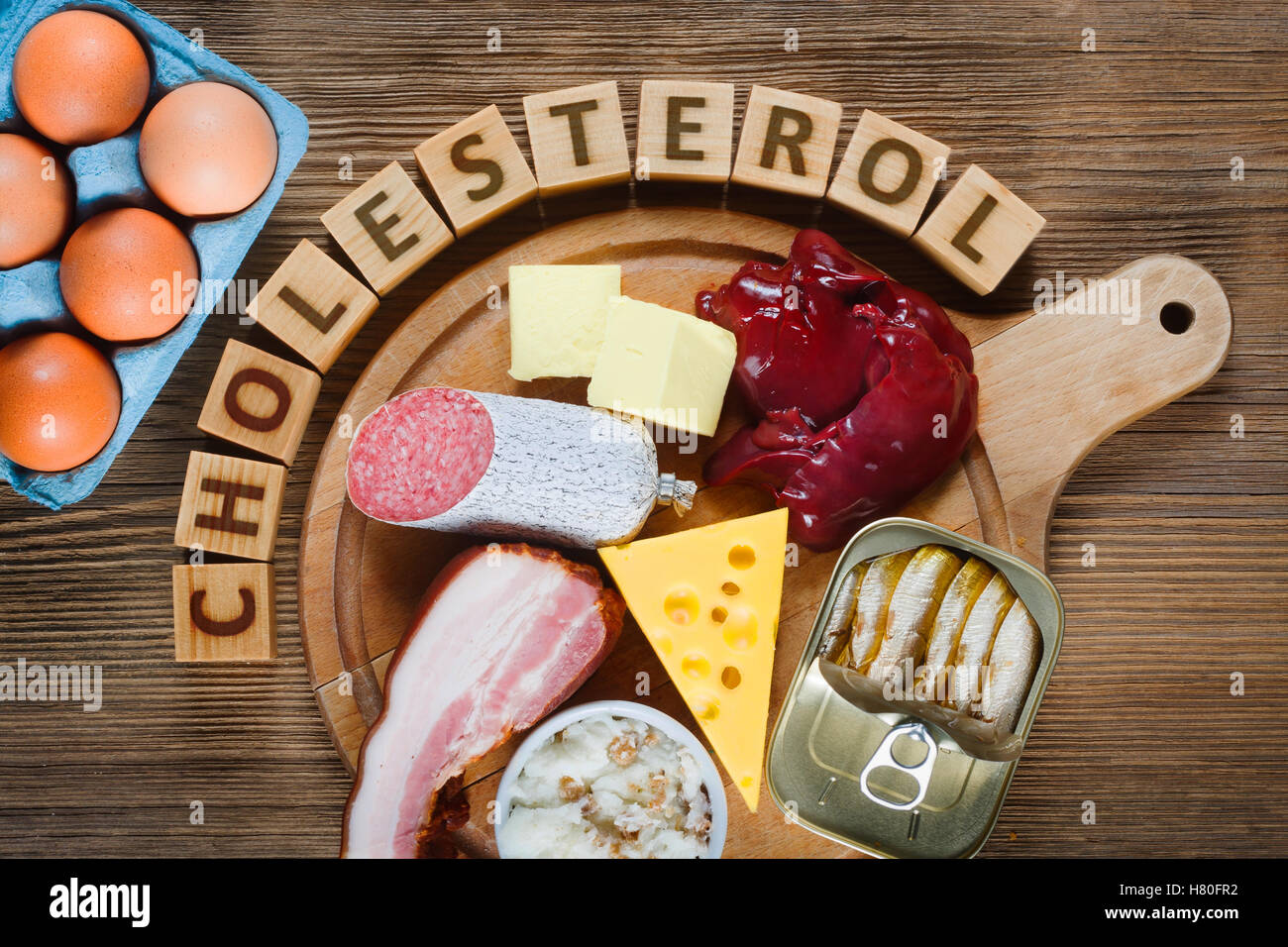 HighCholesterol foods as eggs, liver, yellow cheese, butter, bacon