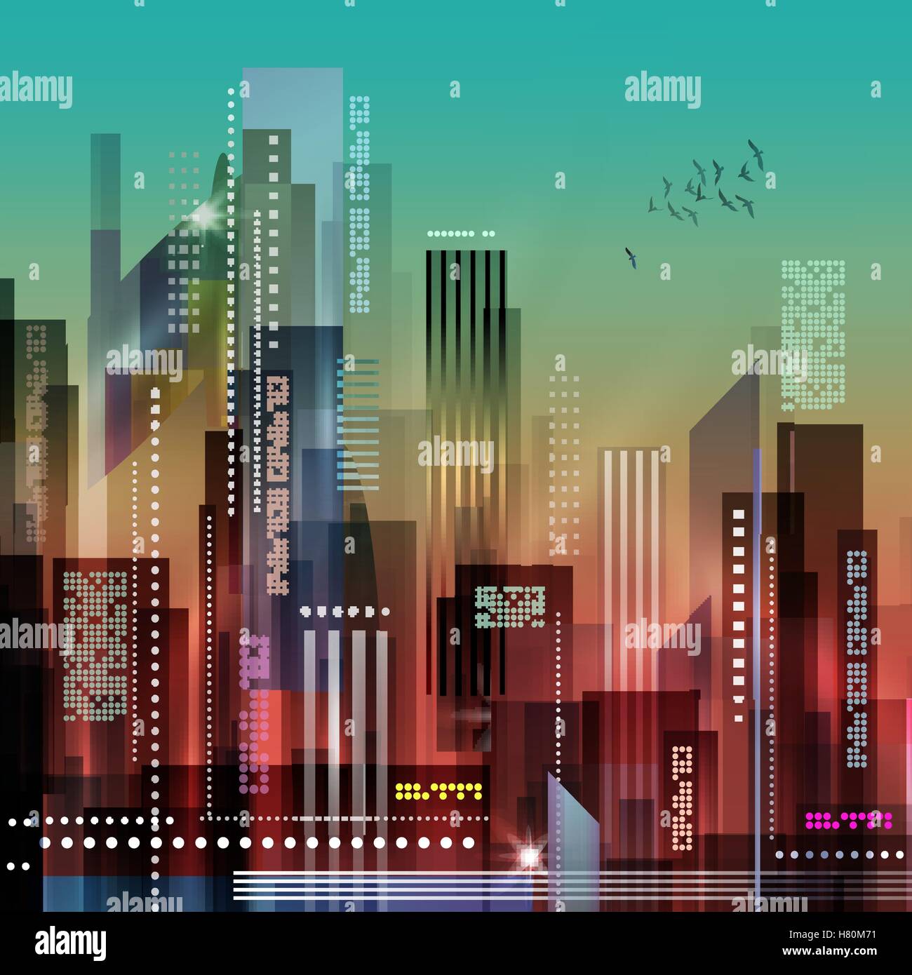 City at night. Vector illustration of apartment blocks in a city at ...