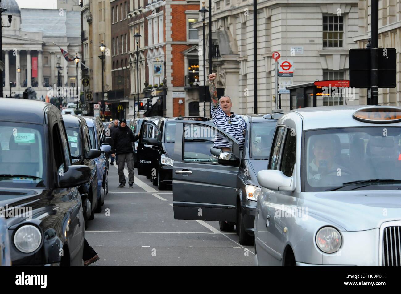 Driver Jim Nolan gesticulates, black cab drivers hold a protest in Whitehall, London, to call for an inquiry into Transport for London (TfL) over congestion and air pollution. Stock Photo