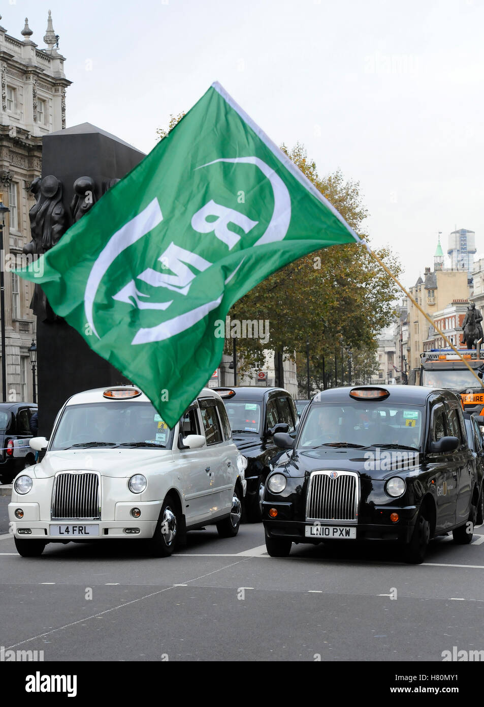 Black cab drivers hold a protest in Whitehall, London, to call for an inquiry into Transport for London (TfL) over congestion and air pollution. Stock Photo