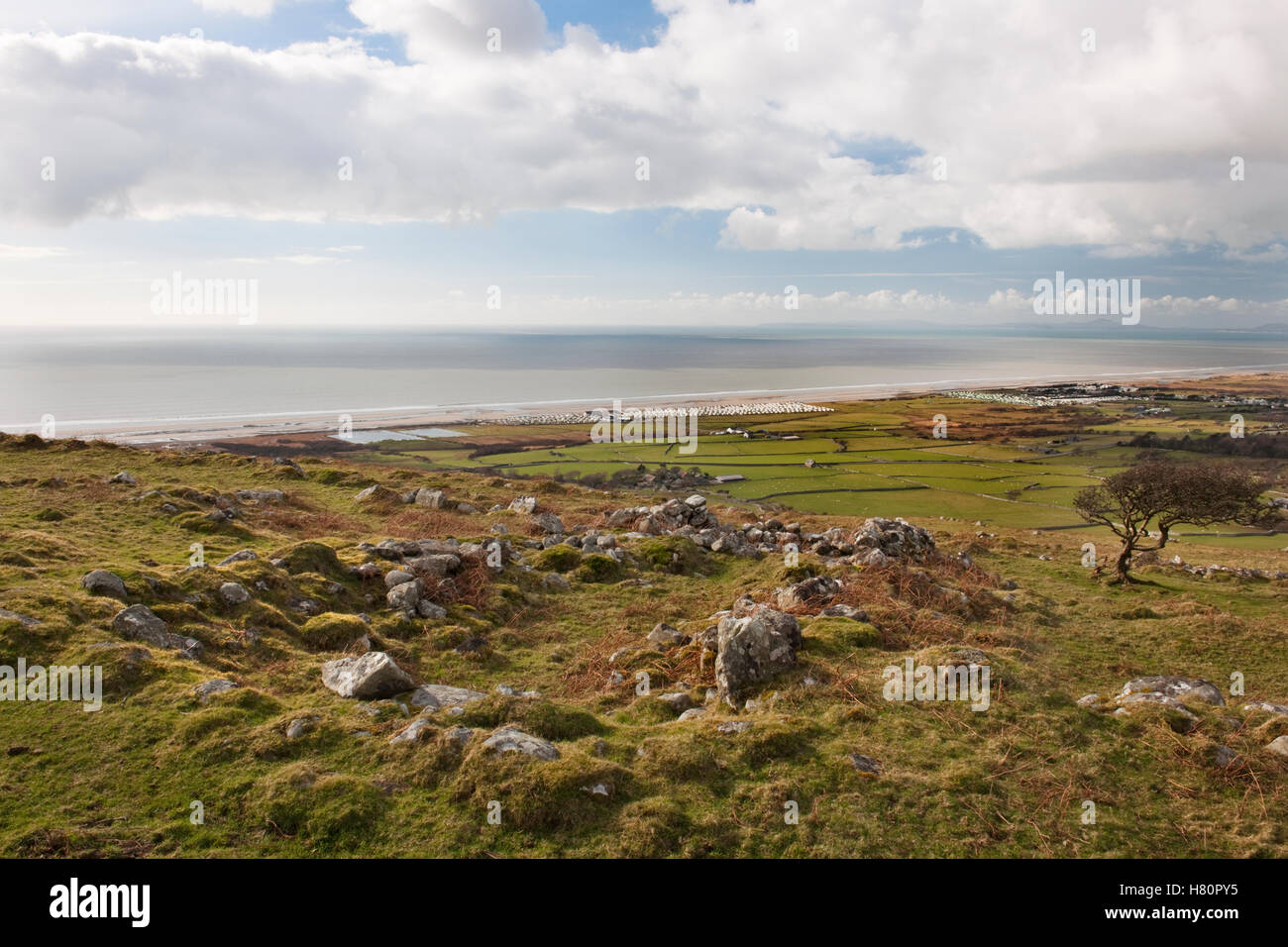 Remains of a late Medieval long hut & enclosures on Mynydd Egryn above Egryn Abbey (Hall) Farm & the coast S of Morfa Dyffryn. Stock Photo