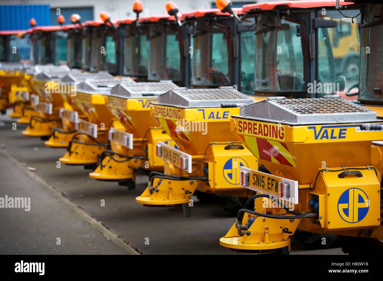 Some of the pavement gritting machines which have been serviced ready