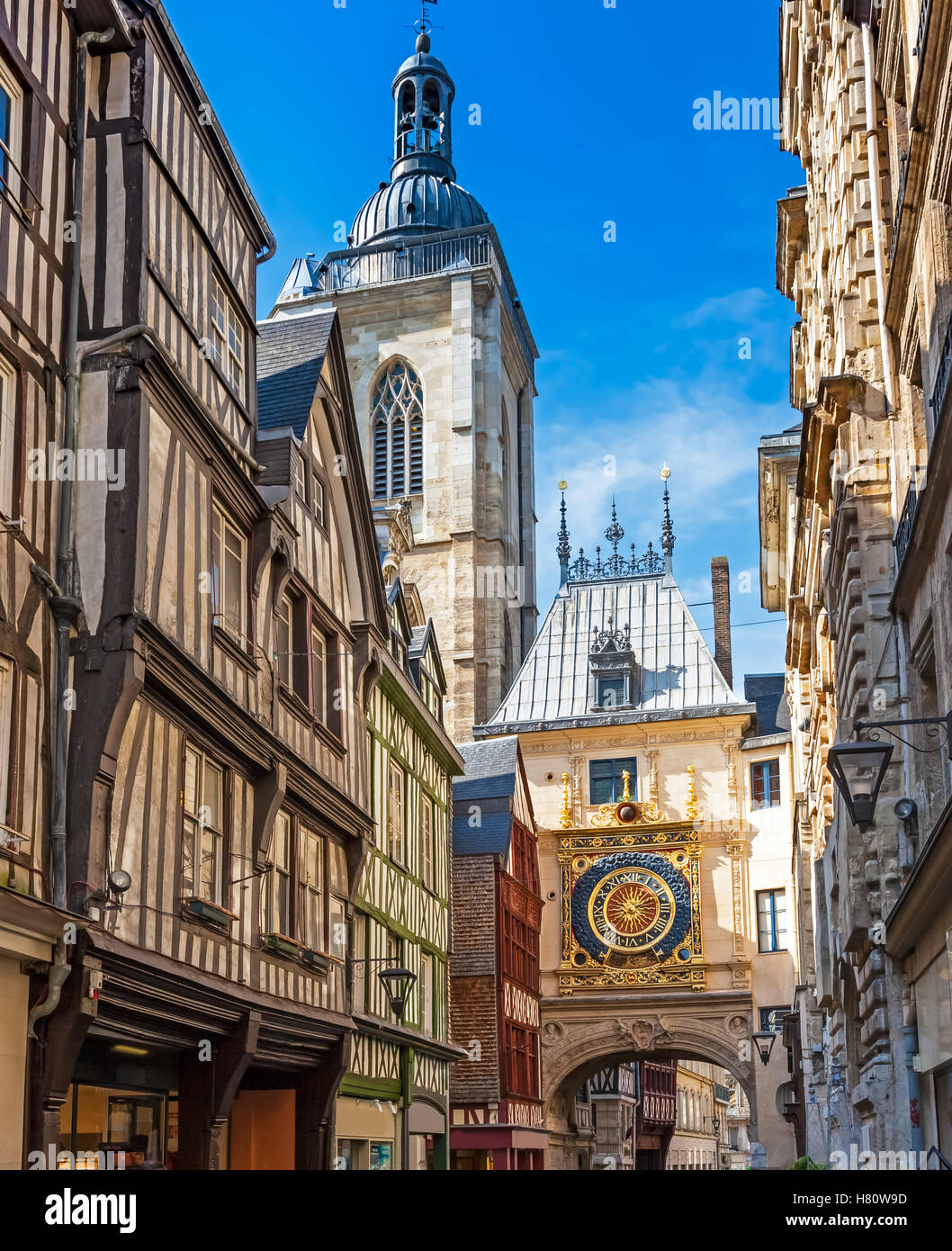 Famous half timbered Buildings and Horloge at Rouen, france, normandy, Stock Photo