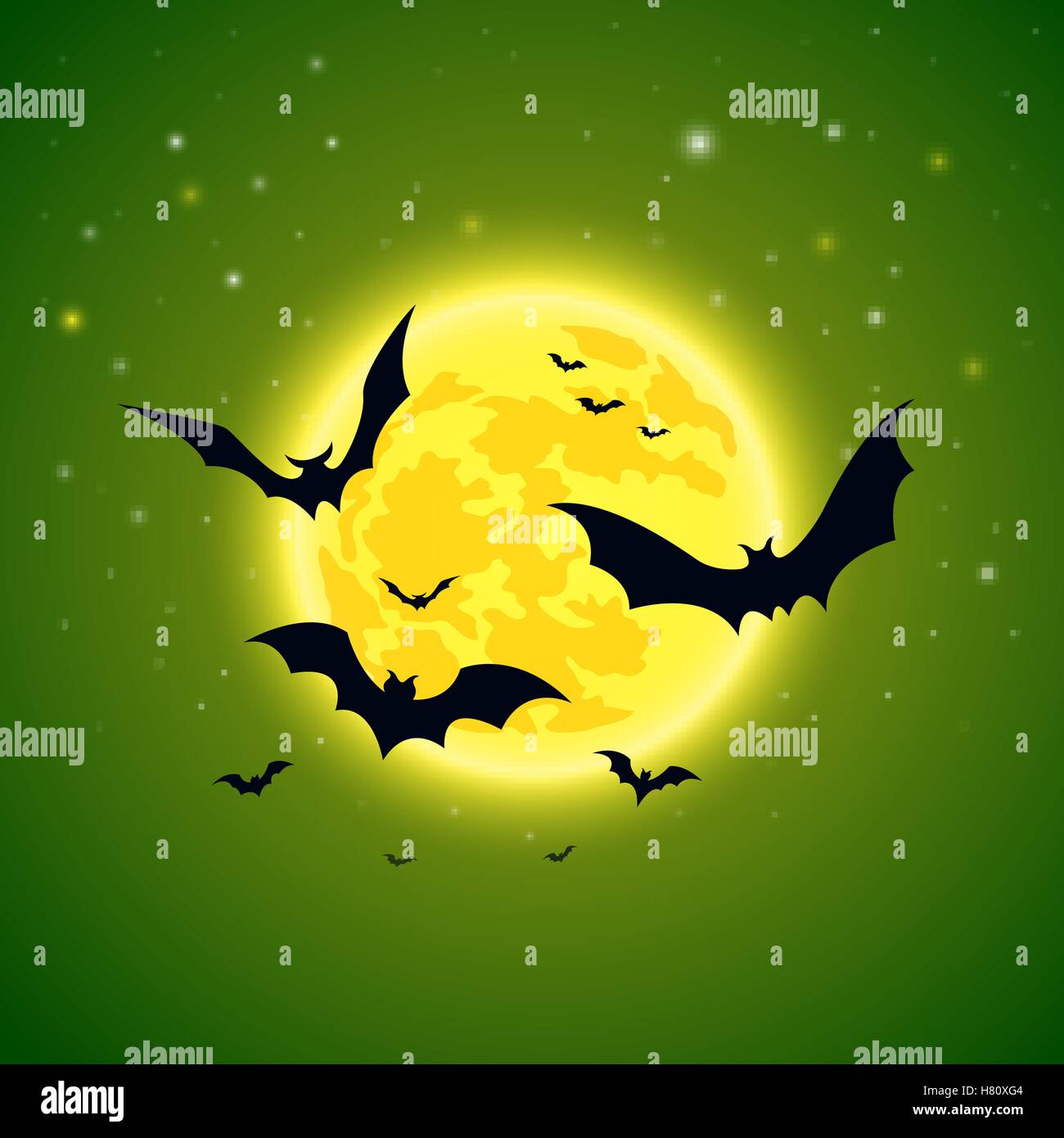 Halloween. Bats on a background of starry sky and full yellow moon. Stock vector illustration. Stock Vector