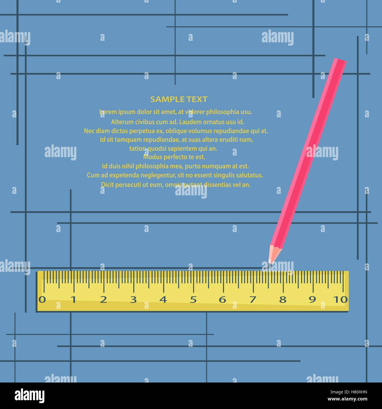 Ruler and pencil on a blue background with frames. Stock Vector