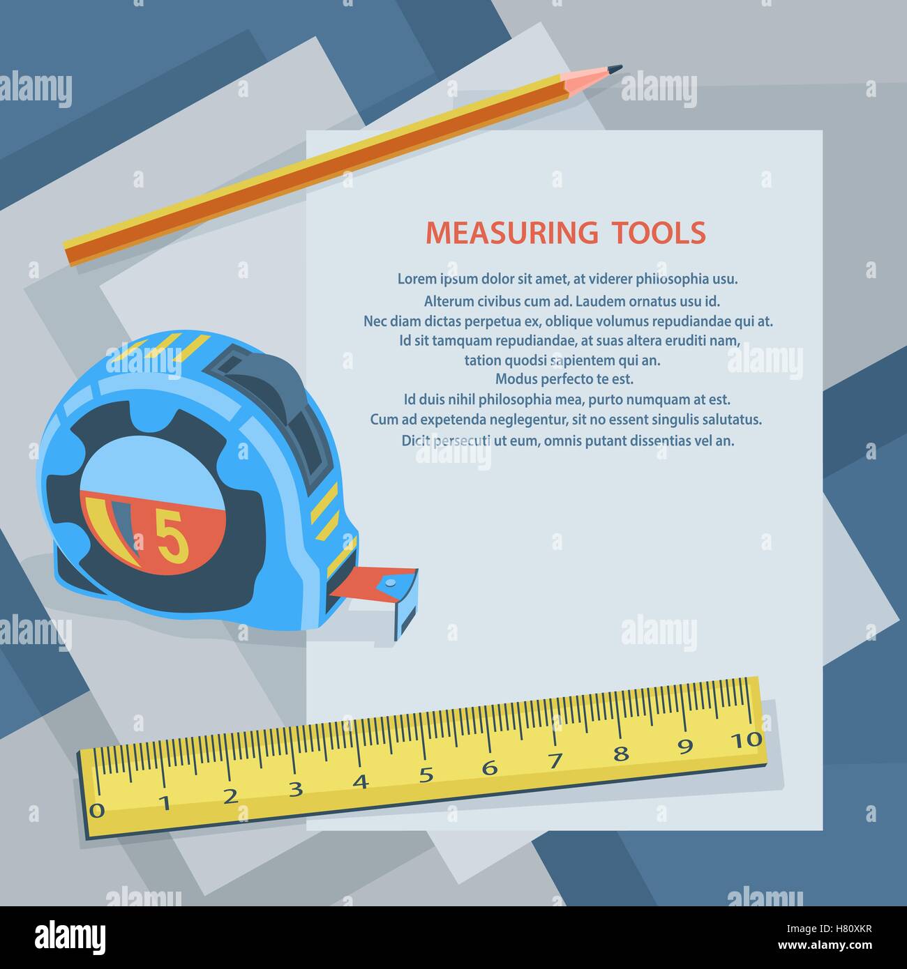 Measuring instruments, measuring tape, ruler, pencil, against sheets of paper. Blank sheet with space for text. Stock vector ill Stock Vector