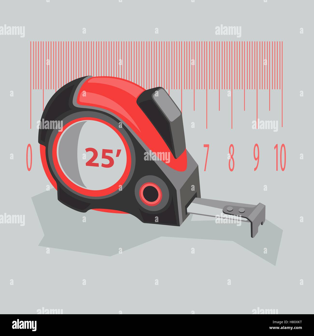 Measuring tape of red color on a gray background. Stylized construction tools with numbers. Stock vector illustration of a flat. Stock Vector