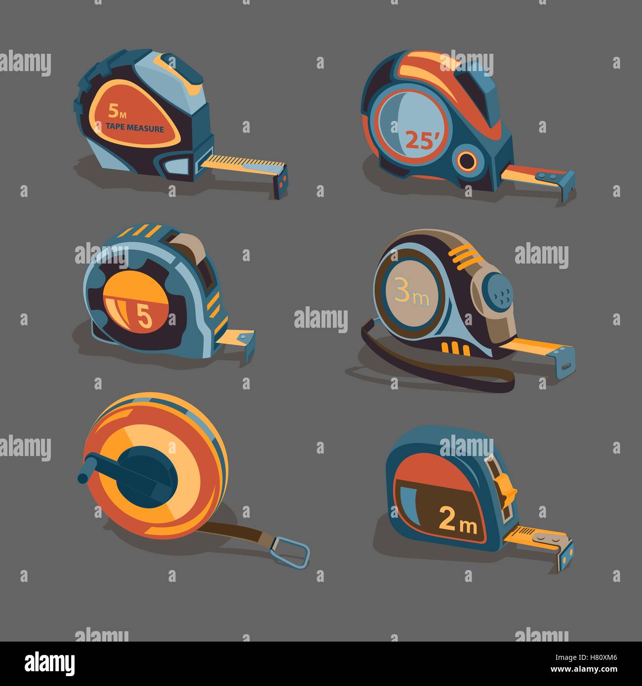 Measuring tape, a set of different lengths and shapes on a gray