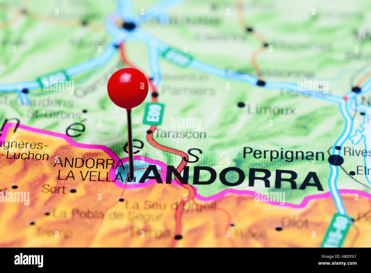 Andorra La Vella pinned on a map of Andorra Stock Photo