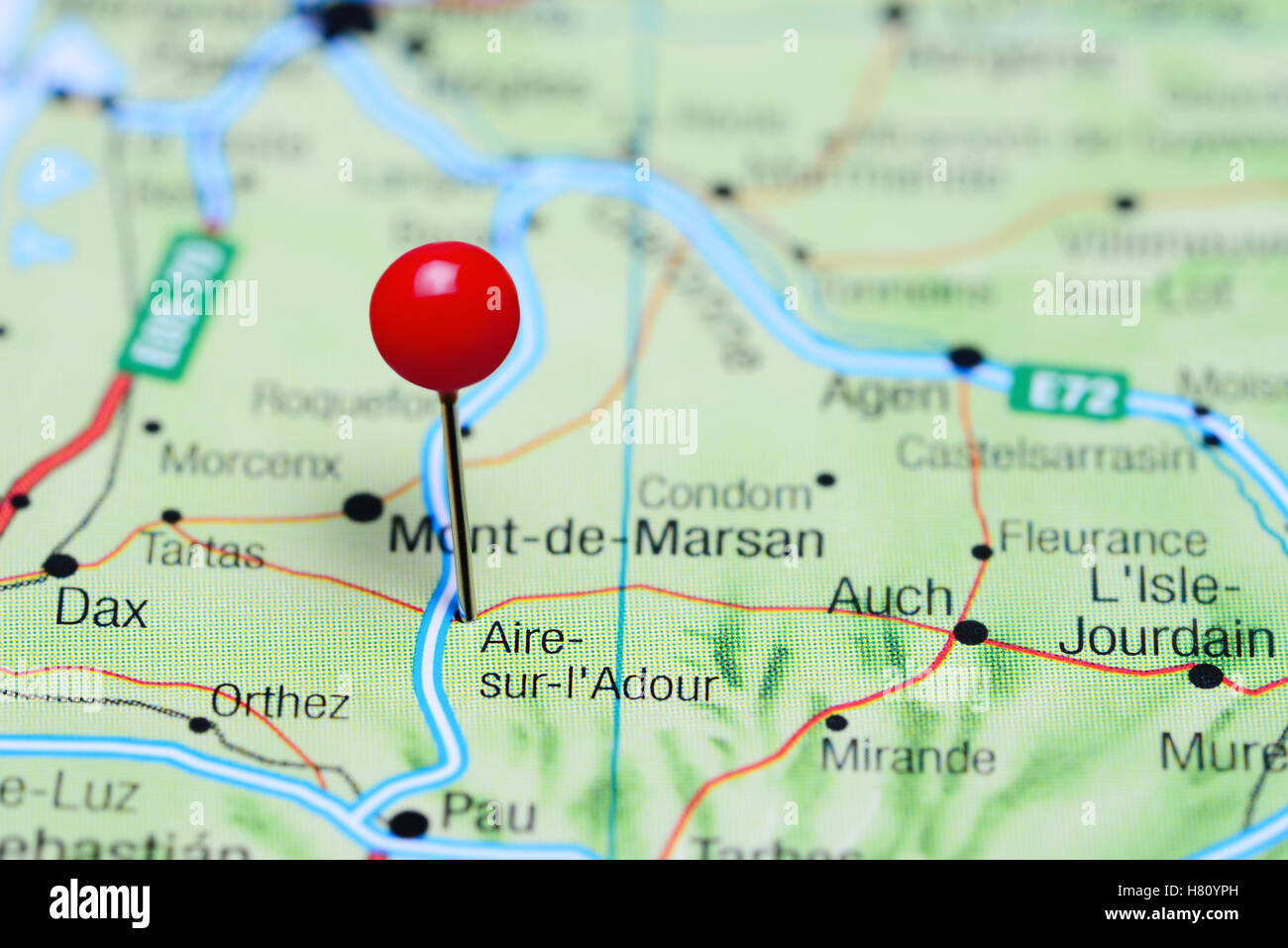 Aire-sur-Adour pinned on a map of France Stock Photo