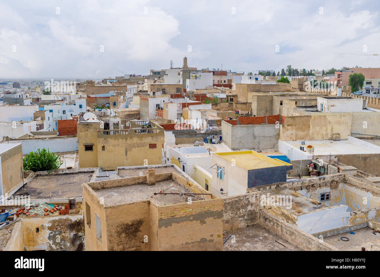 The colorful buildings of old Sousse neighborhood, Tunisia. Stock Photo