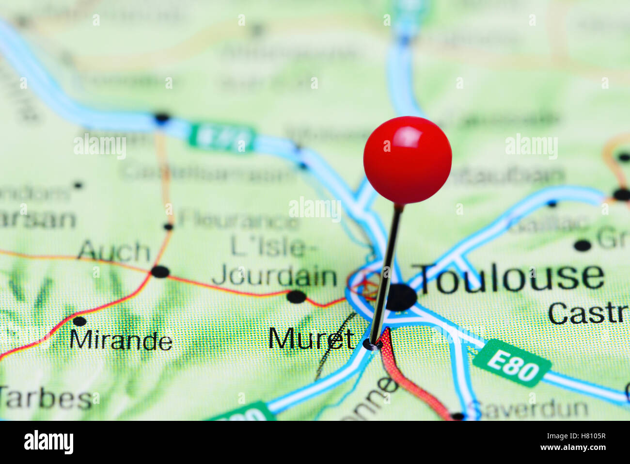 Muret pinned on a map of France Stock Photo