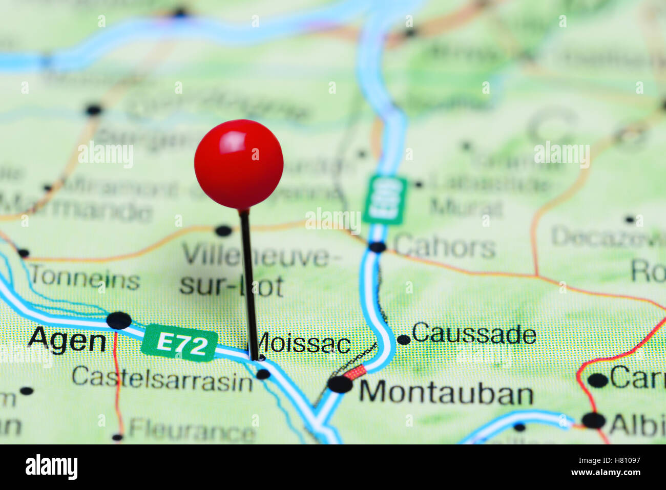 Moissac pinned on a map of France Stock Photo