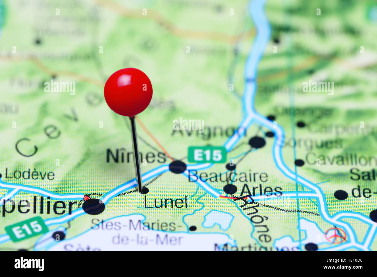 Lunel pinned on a map of France Stock Photo