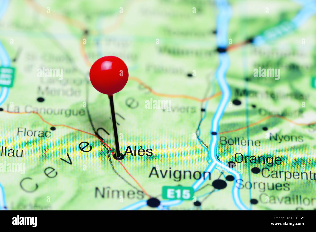 Ales pinned on a map of France Stock Photo