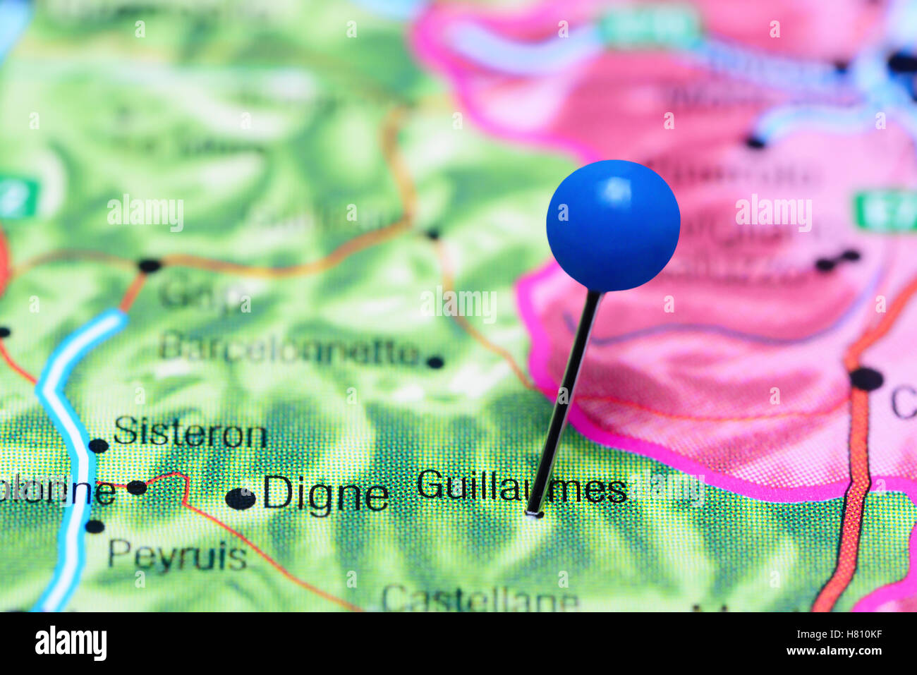 Guillaumes pinned on a map of France Stock Photo