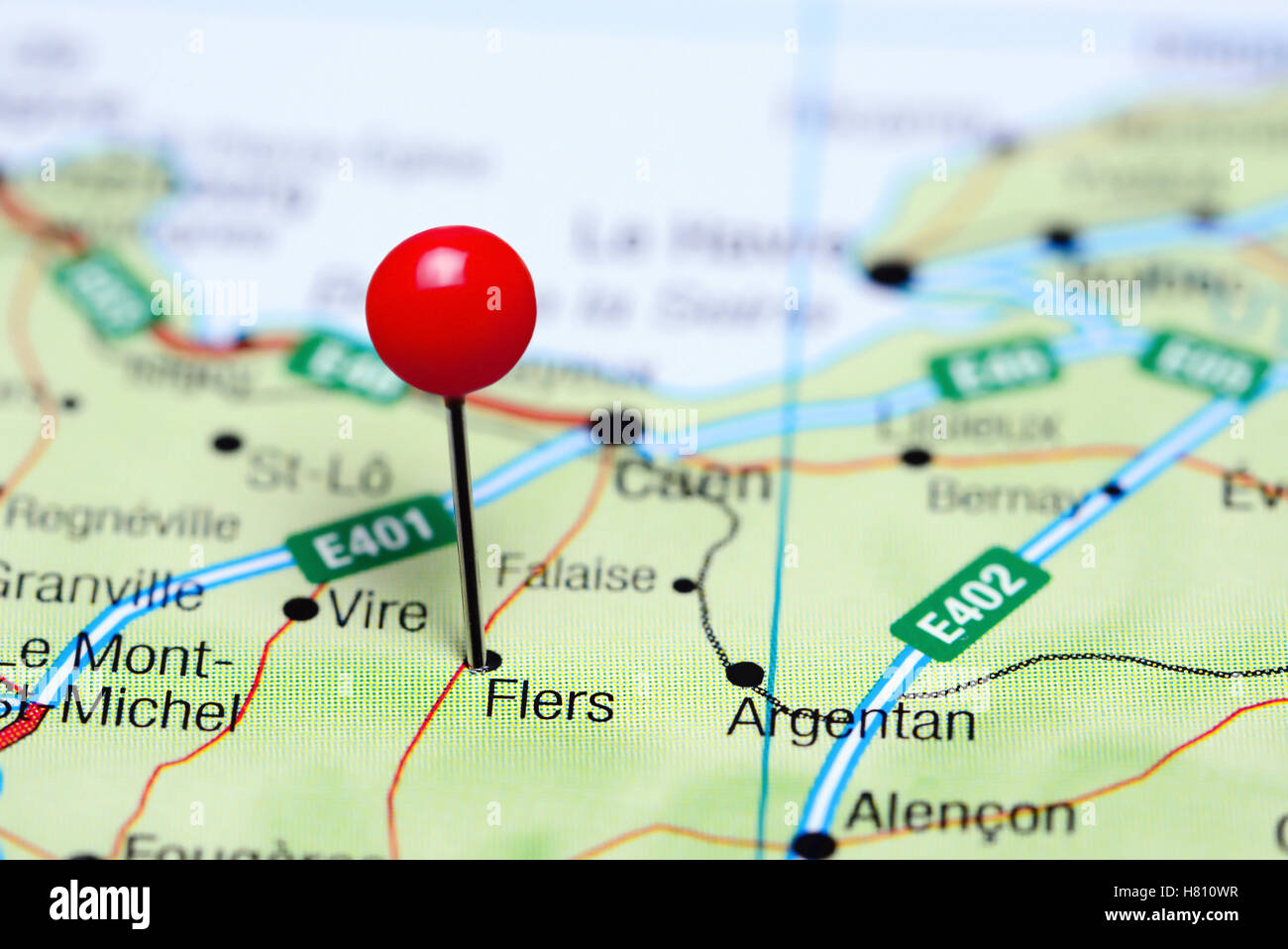 Flers pinned on a map of France Stock Photo