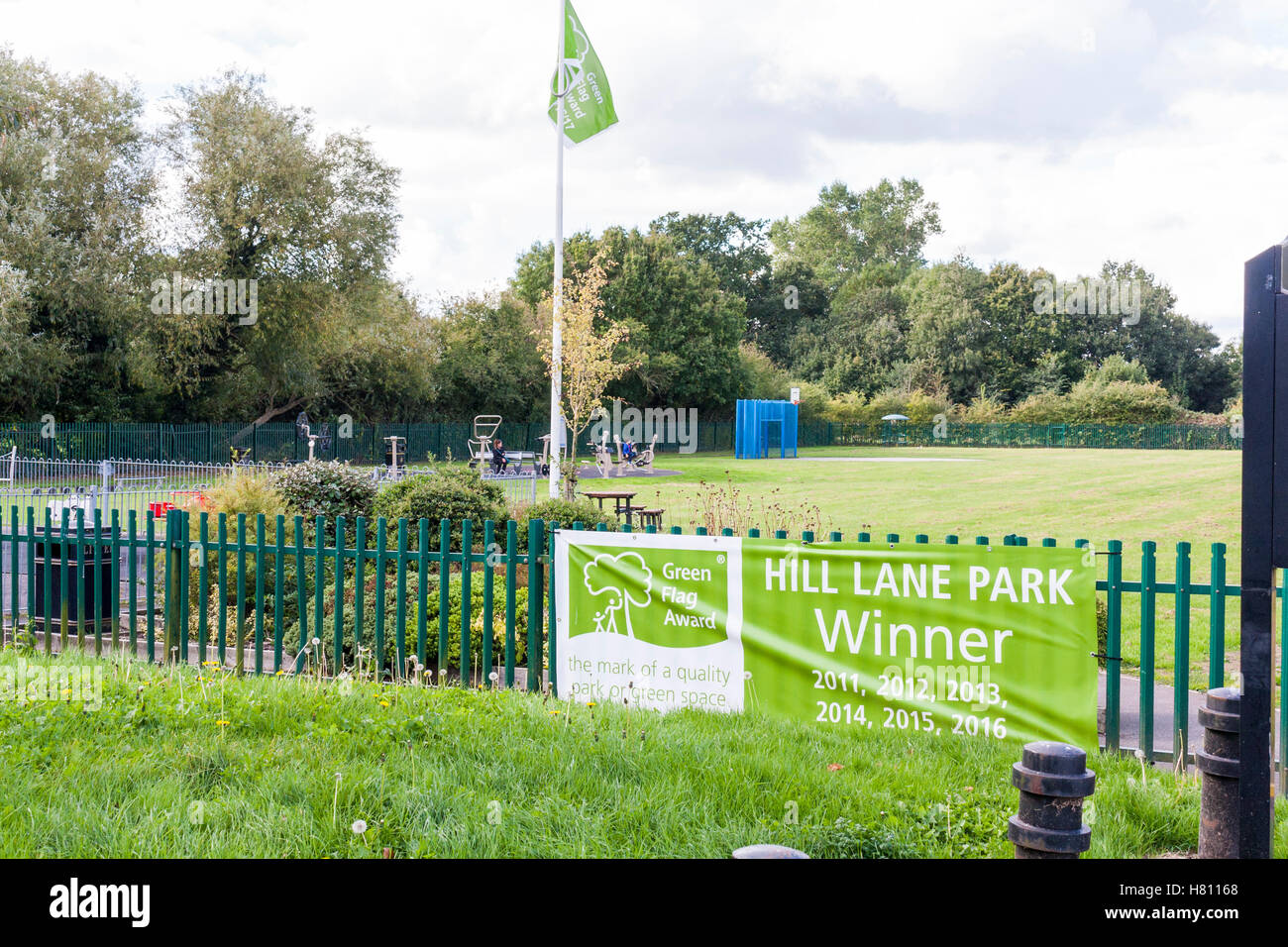 Hill Lane Park, winner of the Green Flag Award, displaying the banner. Ruislip, Hillingdon, Greater London, UK Stock Photo
