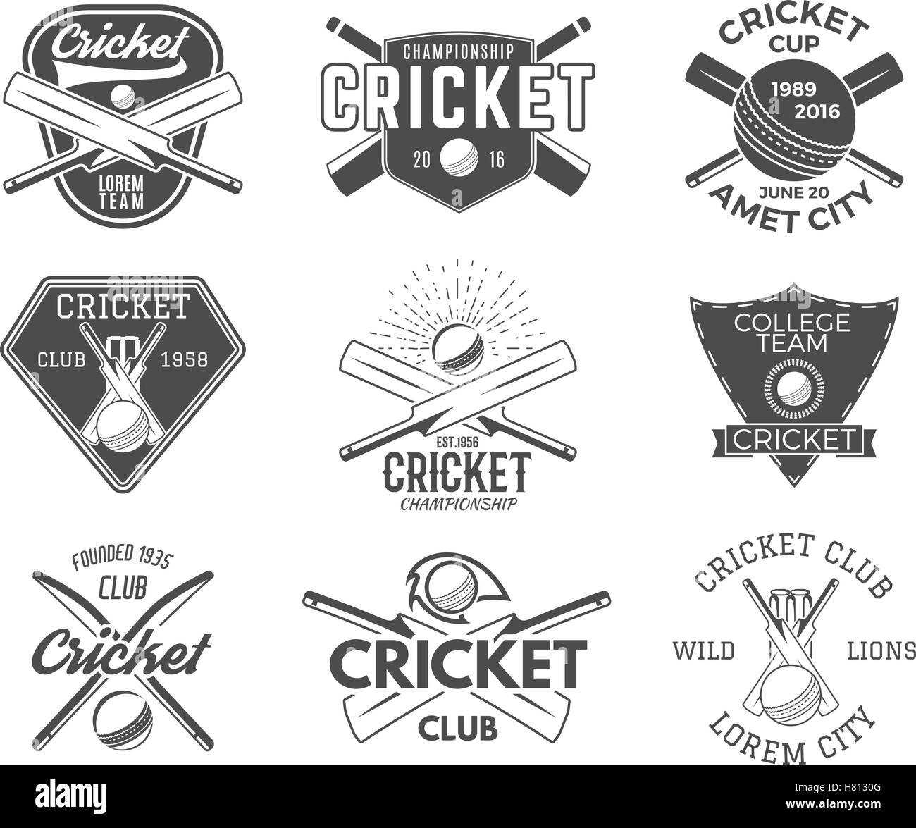 Set of cricket sports logo designs. Cricket icons vector set. Cricket  emblems design elements. Sporting tee designs. Cricket club badges. Sports  symbols with cricket gear equipment for web or t-shirt Stock Vector