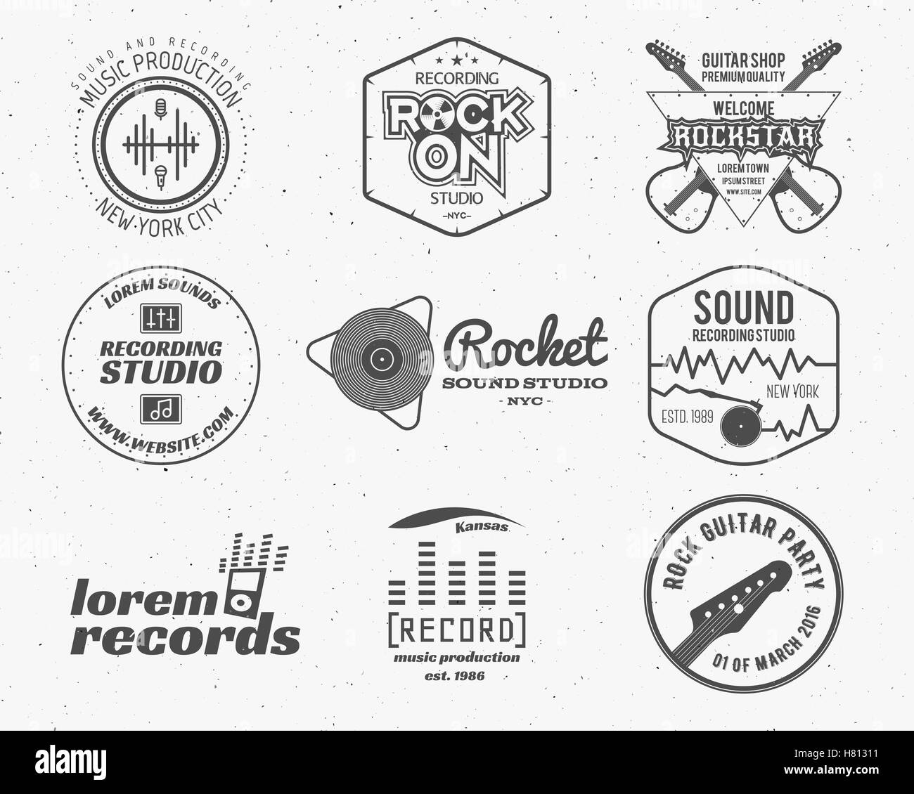 Set of vector music production logo,label, sticker, emblem, print or logotype with elements - guitar, sound recording studio, t-shirt, sound production. Podcast and radio badges, typography design. Stock Vector