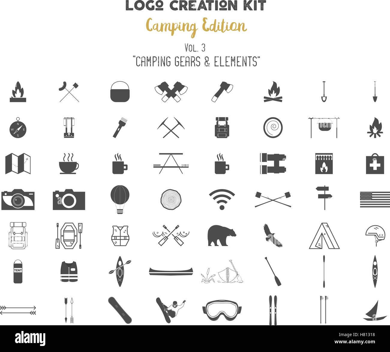 Logo creation kit bundle. Camping Edition set. Travel gear, vector camp  symbols and elements. Create your own outdoor label, wilderness retro  patch, adventure vintage badges, hiking stamps Stock Vector Image & Art 