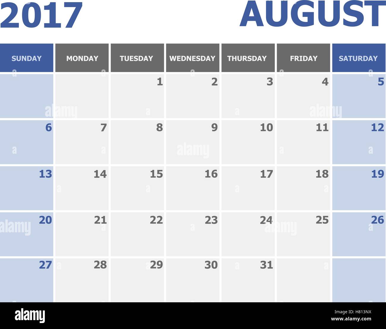 2017 August calendar week starts on Sunday, stock vector Stock Vector ...
