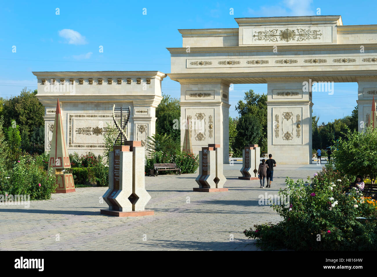 Independence Arch and stele alley, Independence Park, Shymkent, South Region, Kazakhstan, Central Asia Stock Photo