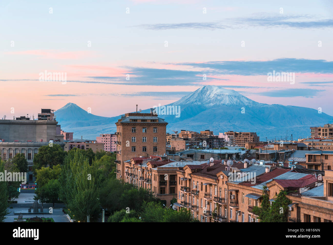 Mount Ararat and Yerevan viewed from Cascade at sunrise, Yerevan, Armenia, Middle East, Asia Stock Photo