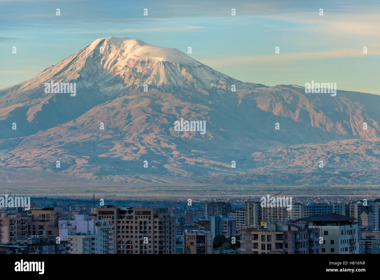 Mount Ararat and Yerevan viewed from Cascade at sunrise, Yerevan, Armenia, Middle East, Asia Stock Photo