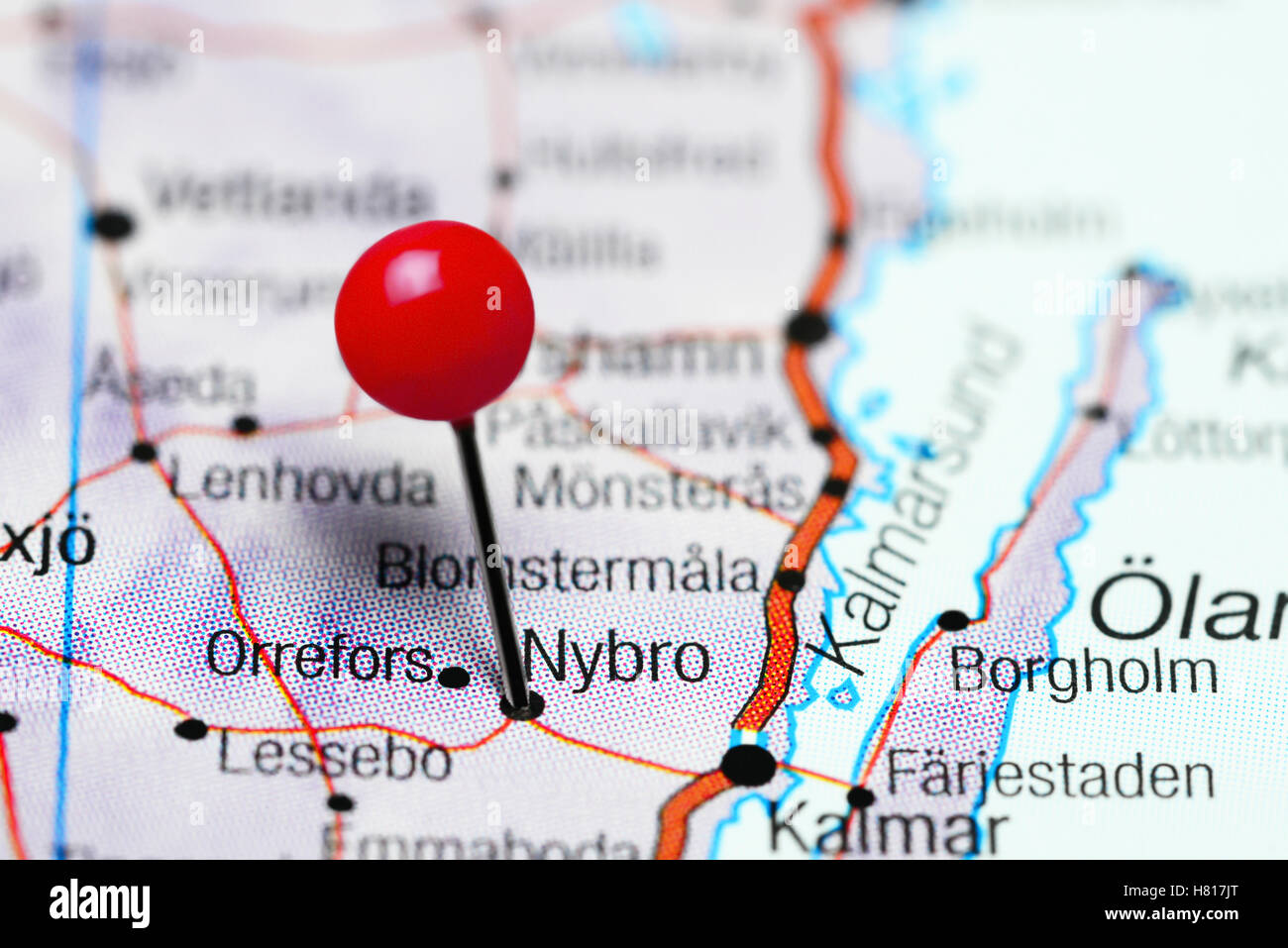 Nybro pinned on a map of Sweden Stock Photo