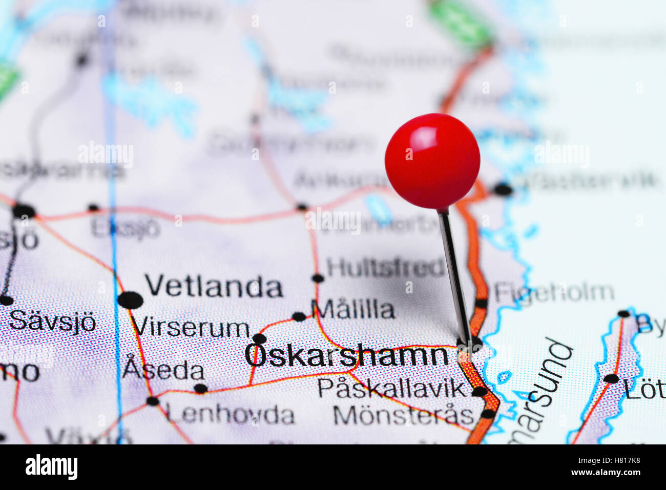 Oskarshamn pinned on a map of Sweden Stock Photo