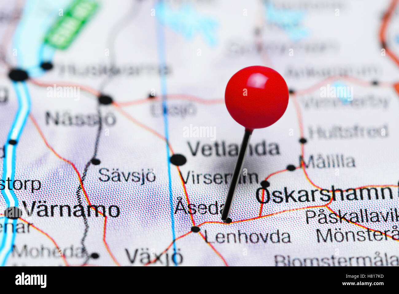 Aseda pinned on a map of Sweden Stock Photo