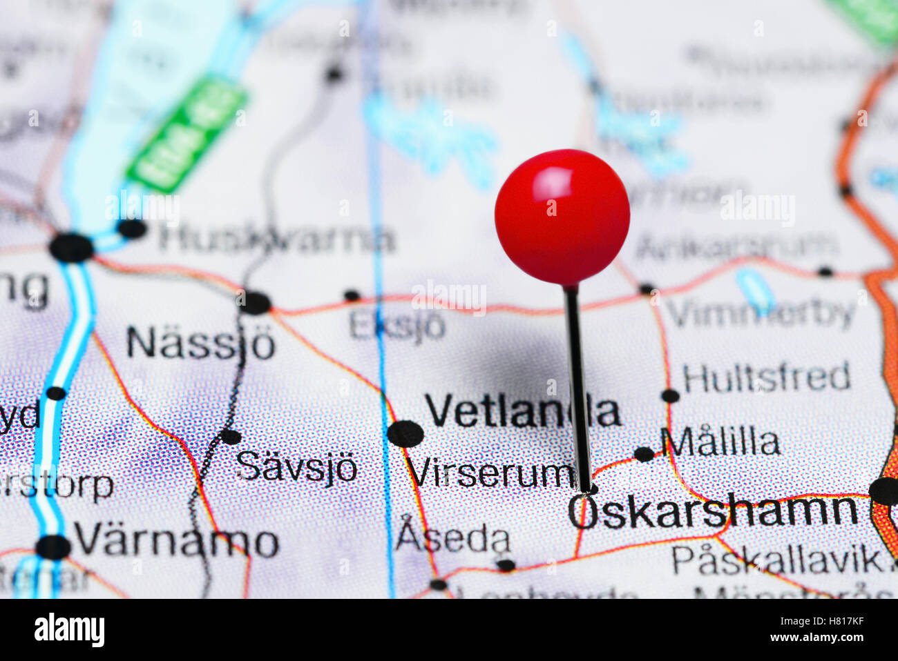 Virserum pinned on a map of Sweden Stock Photo