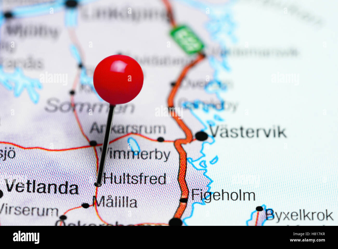 Hultsfred pinned on a map of Sweden Stock Photo