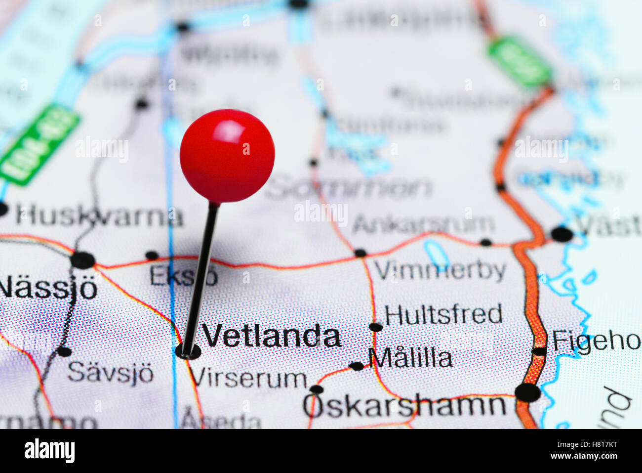 Vetlanda pinned on a map of Sweden Stock Photo