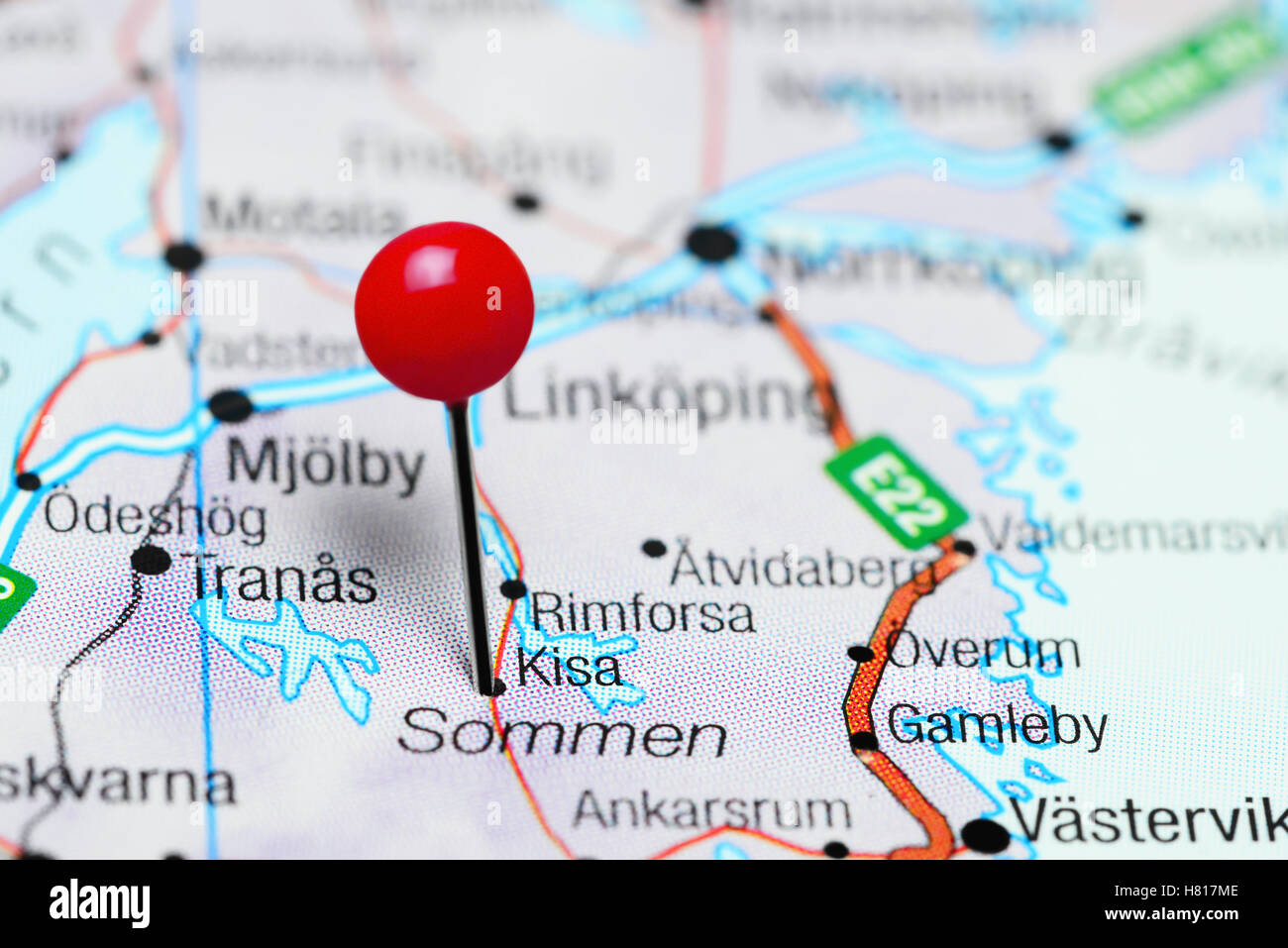 Kisa pinned on a map of Sweden Stock Photo