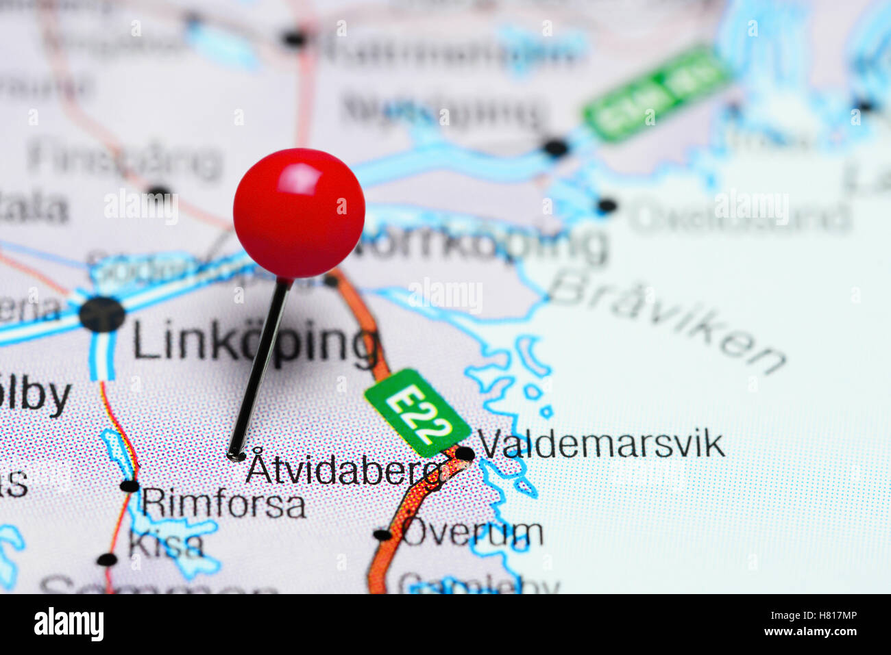 Atvidaberg pinned on a map of Sweden Stock Photo