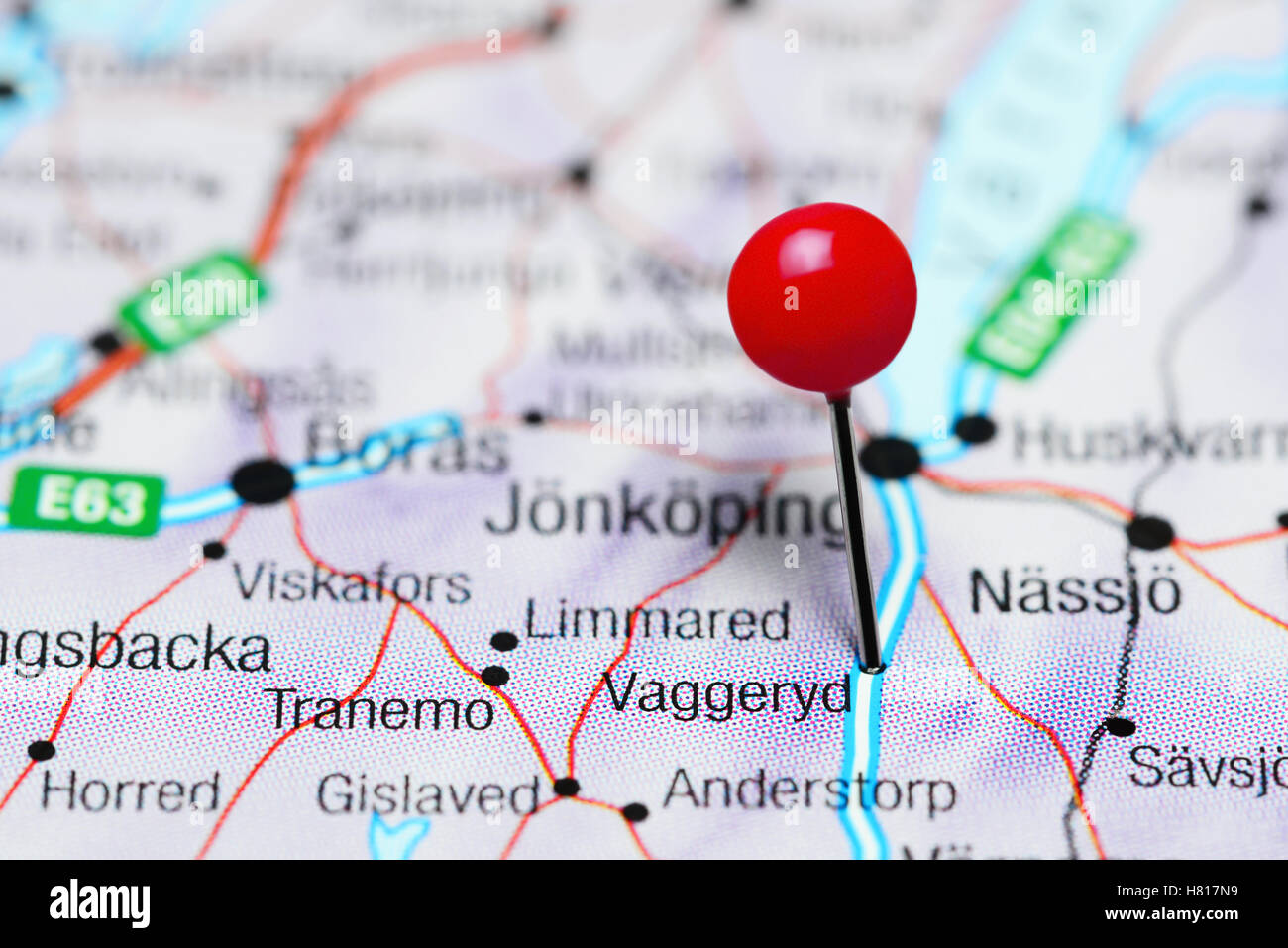 Vaggeryd pinned on a map of Sweden Stock Photo